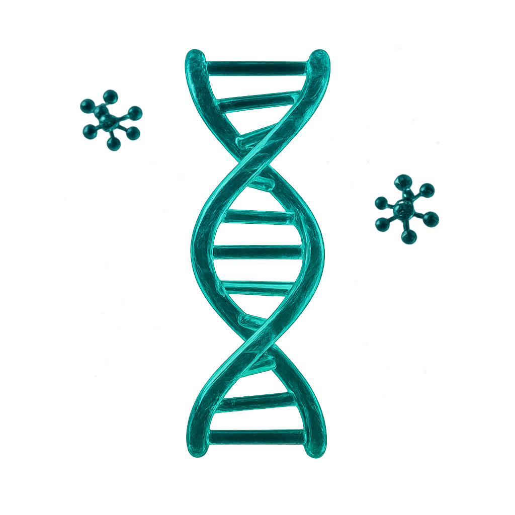 Stylised DNA double helix with floating molecular accents